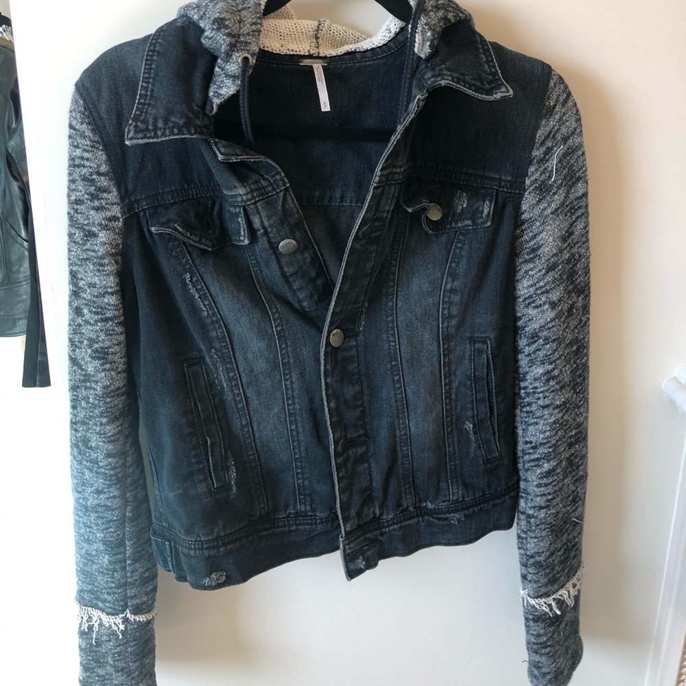 Free people black jean jacket with knitted sleeves
